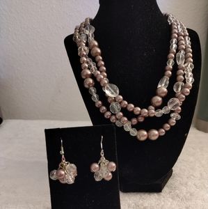 Vintage Triple Layered Beaded Necklace and Earrings